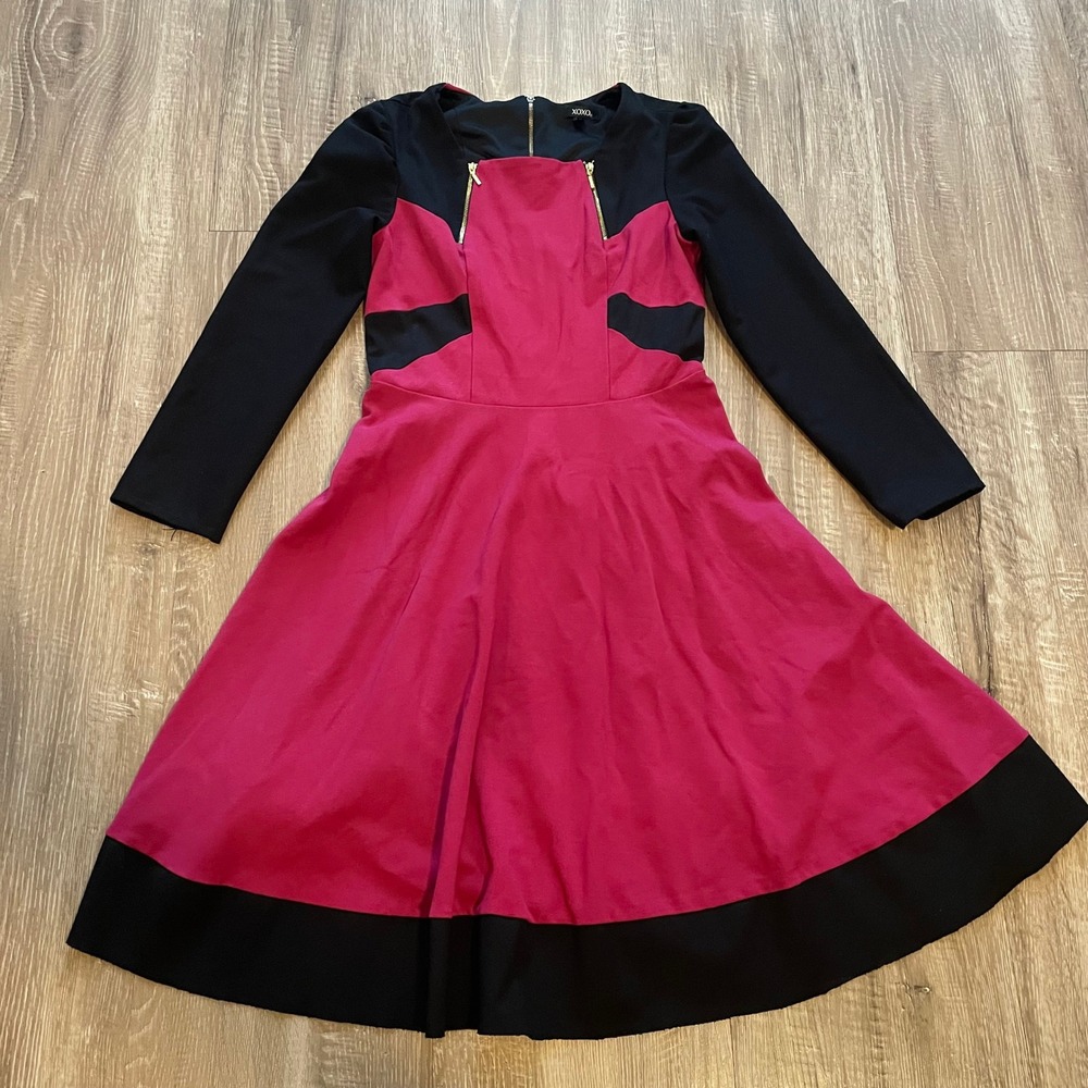 XOXO Womens Dress Size L Pink Black Colorblock Long Sleeve Zipper Fit Flare Mini